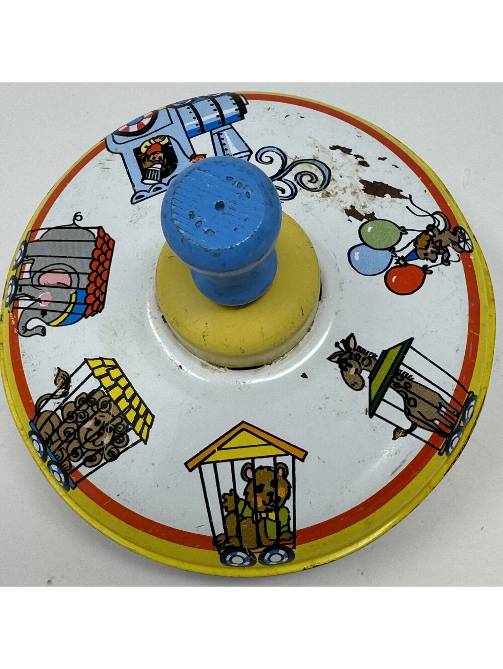Vintage 1960's Ohio Art Metal Spinning Top Tin Toy Wood Handle CIRCUS